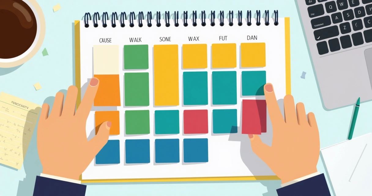 Duas mãos rearranjando blocos coloridos em um calendário de mesa 