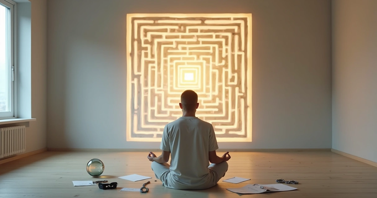 Pessoa sentada meditando diante de um labirinto desenhado na parede 