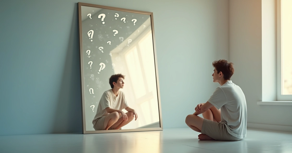 Pessoa olhando o próprio reflexo em um espelho com expressão de questionamento 