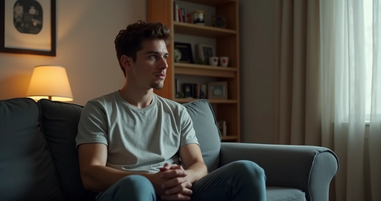 Homem jovem sentado, com olhar distante, mãos unidas sobre o colo, ambiente de sala de estar confortável 