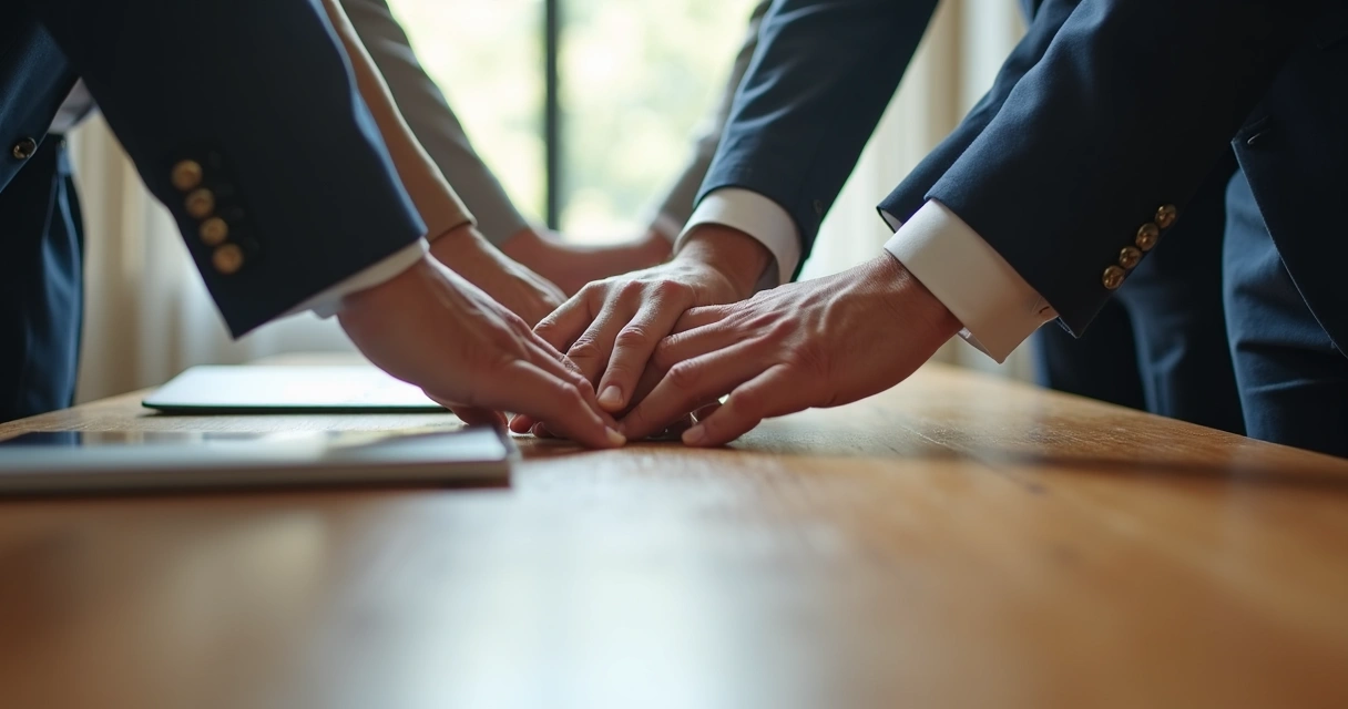 Mãos de várias pessoas afastadas no centro de uma mesa, sem se tocarem 