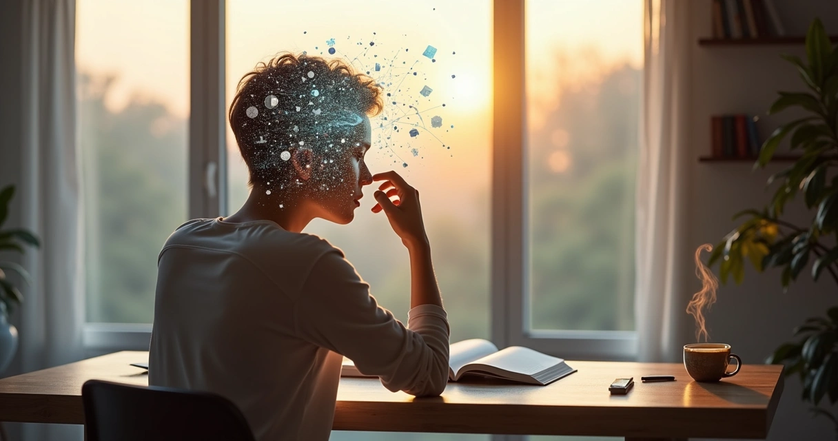 Pessoa refletindo com silhueta dividida entre caos emocional e clareza mental 