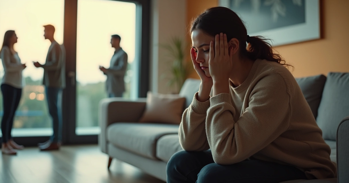Pessoa refletindo sozinha em uma sala com silhuetas desfocadas ao fundo 