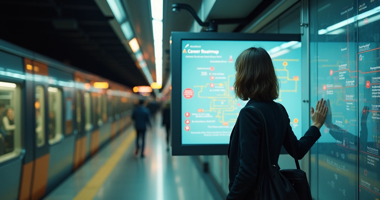 Profissional em estação de metrô olhando mapas de rotas de carreira separados por barreira de vidro 