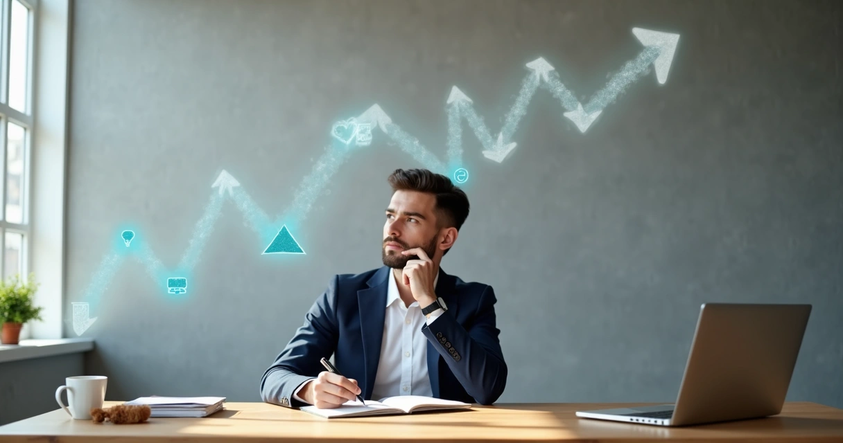 Profissional em escritório olhando para frente com encruzilhada de caminhos projetada na parede 