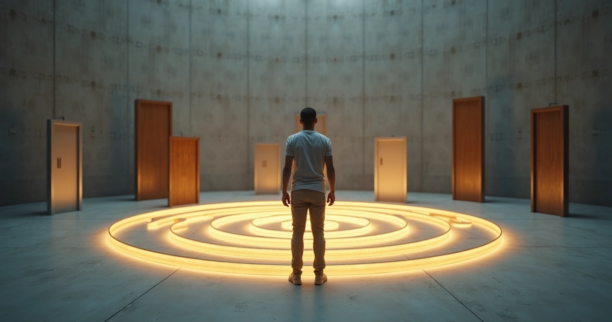 Pessoa parada diante de caminho em espiral com portas fechadas flutuando 