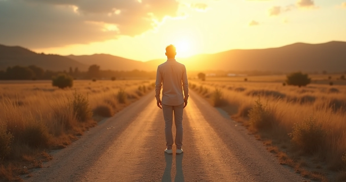 Pessoa em reflexão diante de encruzilhada com sombras simbolizando bloqueios internos 
