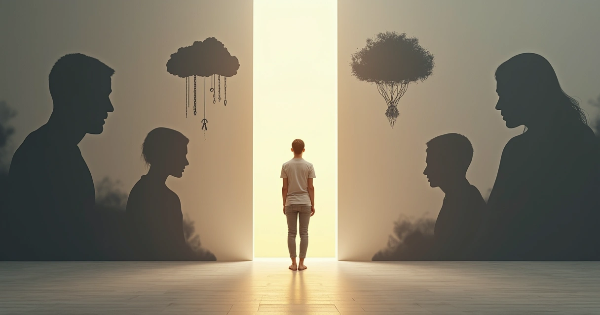 Pessoa em pé diante de silhuetas sombreadas representando bloqueios internos 
