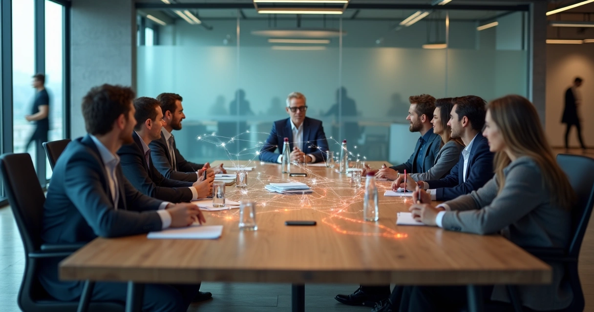 Equipe em mesa de reunião com fluxo de energia bloqueado entre pessoas 