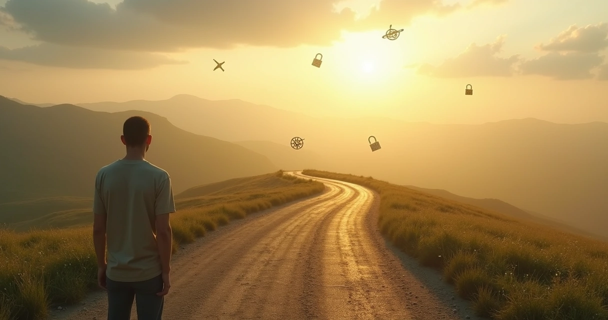 Pessoa em encruzilhada refletindo sobre bloqueios no propósito de vida 