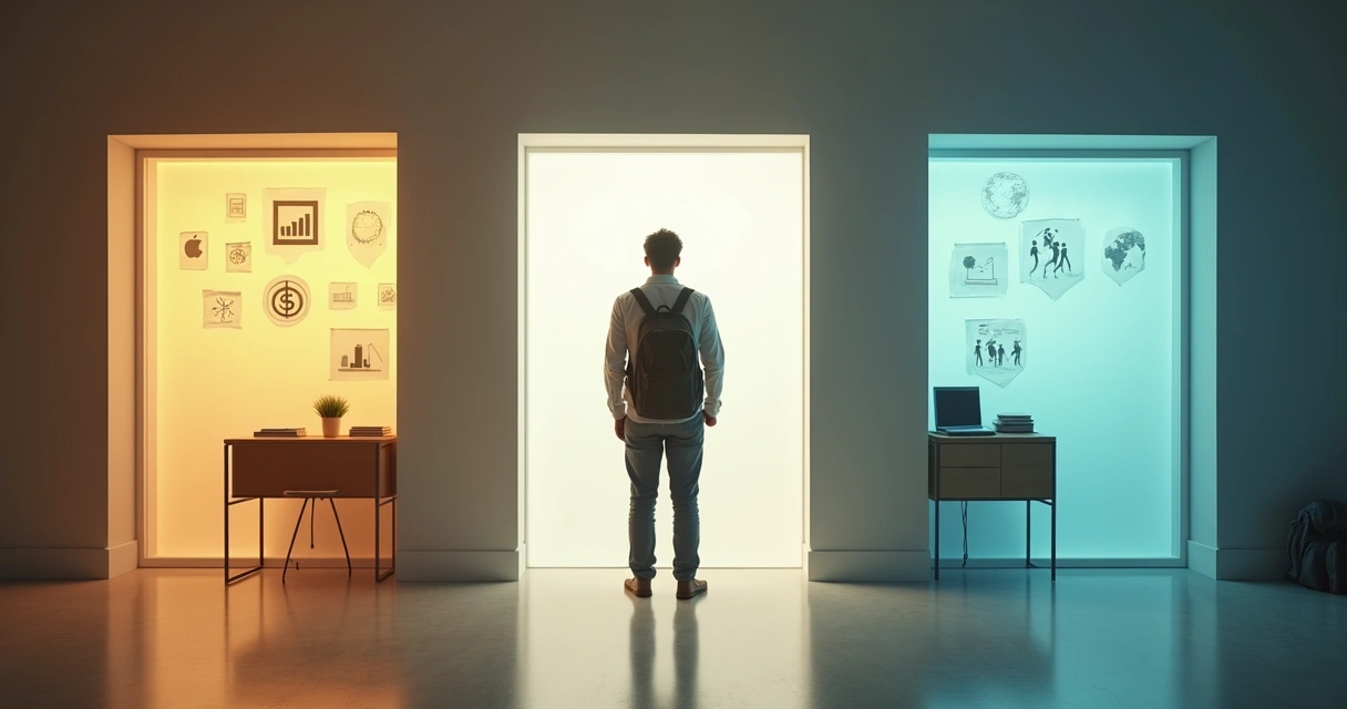 Profissional em encruzilhada olhando diferentes caminhos de carreira em ambiente corporativo 