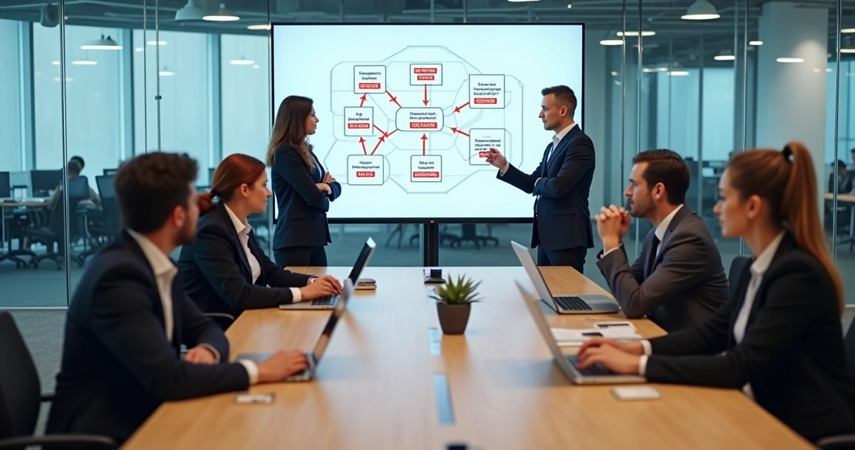 Equipe corporativa em reunião com desconexão e tensão no ambiente 