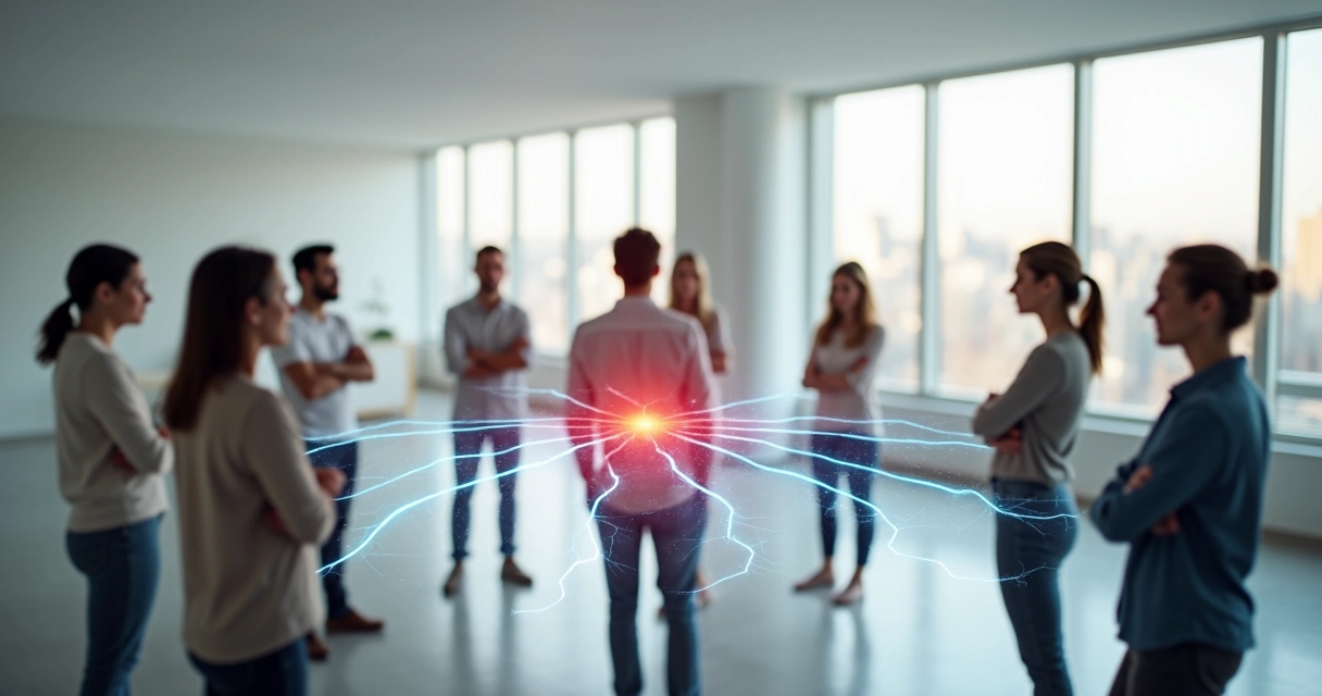 Grupo de pessoas conectadas por linhas com um elo destacado em vermelho simbolizando bloqueio nas relações 