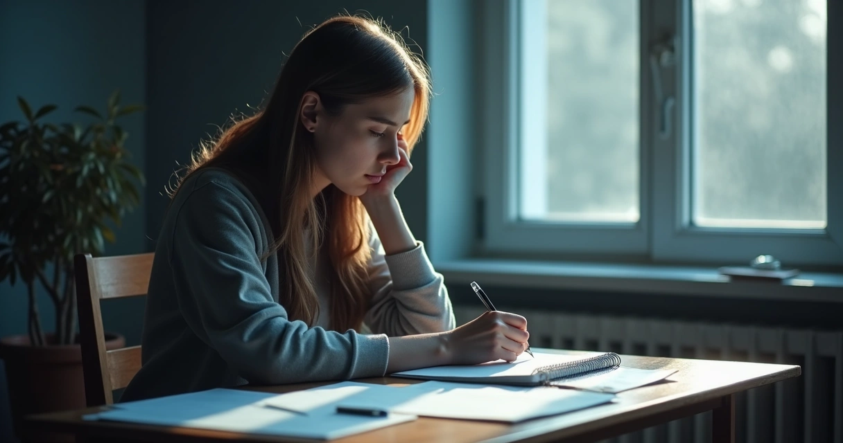 Pessoa sentada ao lado de uma janela olhando pensativa para fora, com luz suave, papéis espalhados e caderno na mesa 