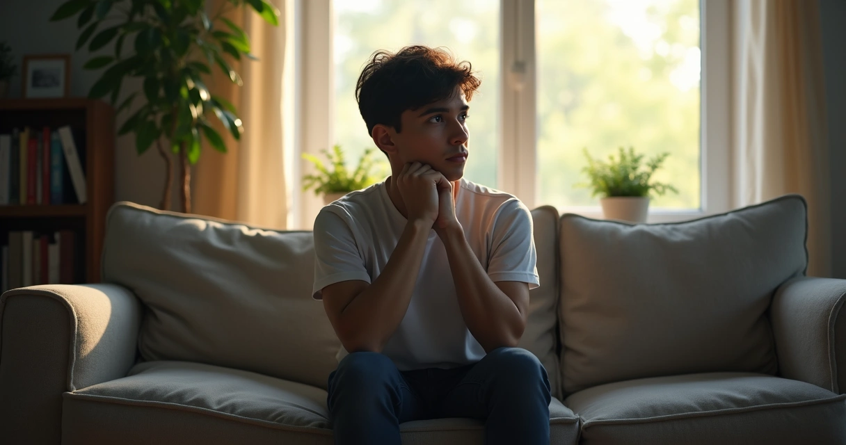 Persona sentada sola, con expresión pensativa, en un entorno tranquilo, luz suave entrando por una ventana 