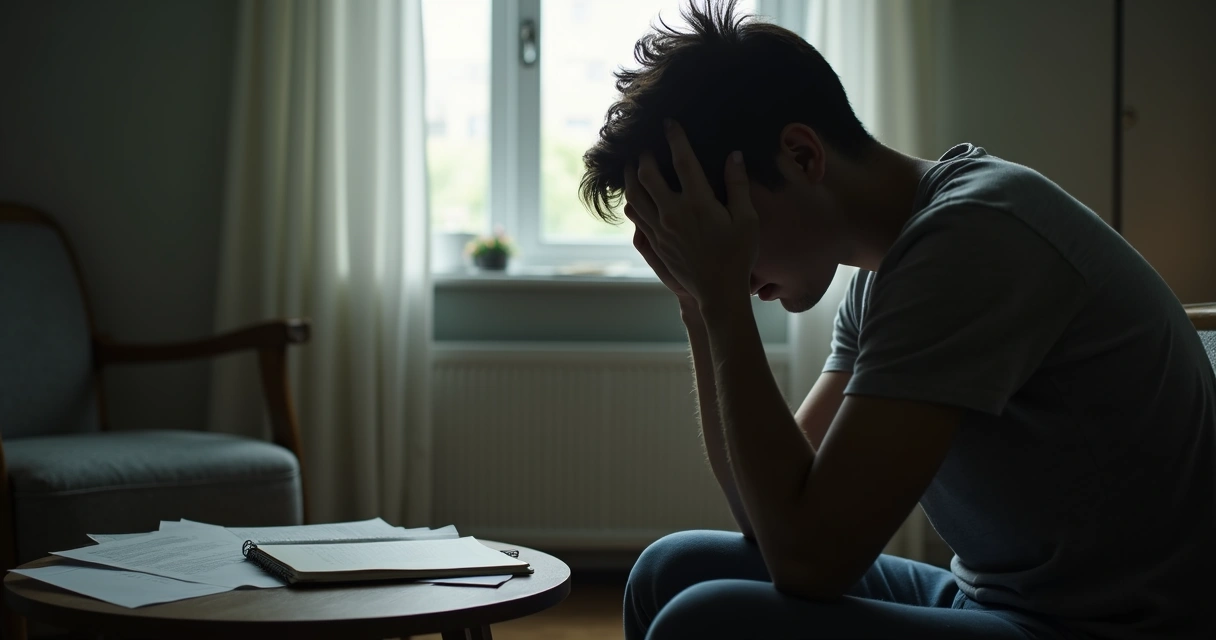 Persona sentada pensativa tomándose la cabeza con expresión seria