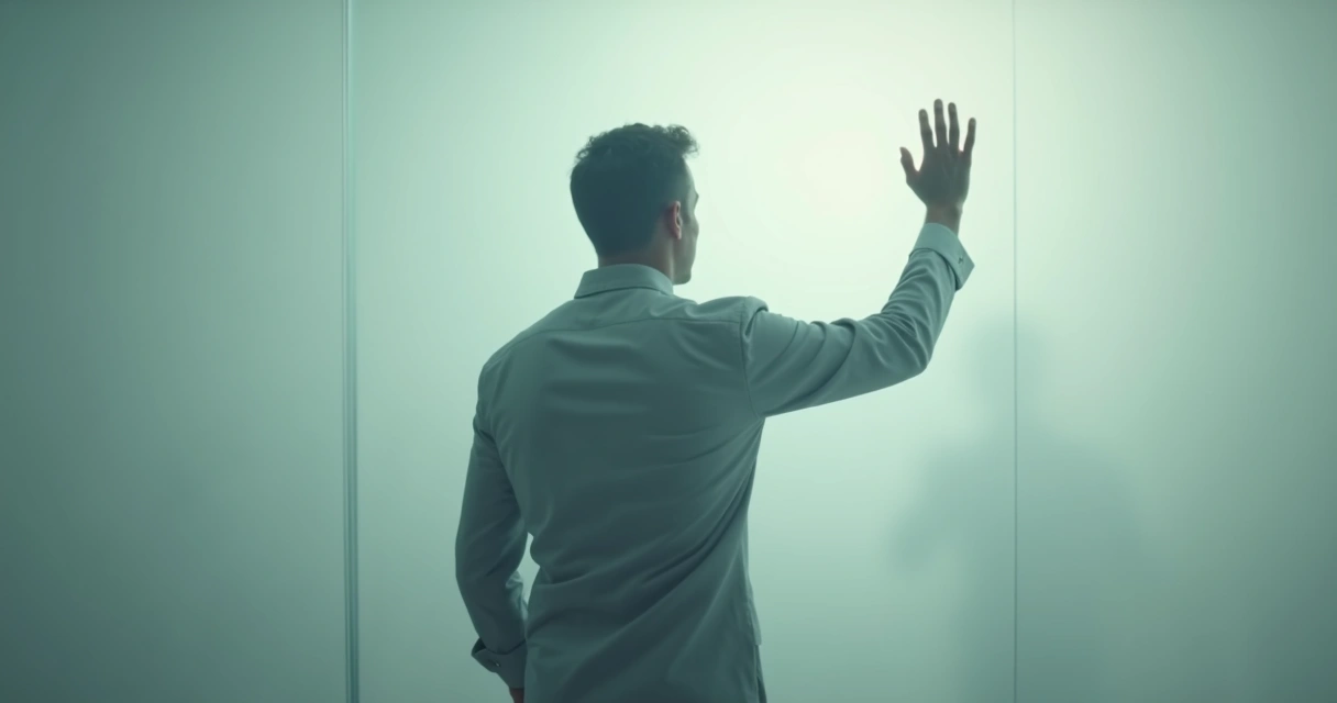 Persona tocando una pared transparente con expresión de dificultad emocional 