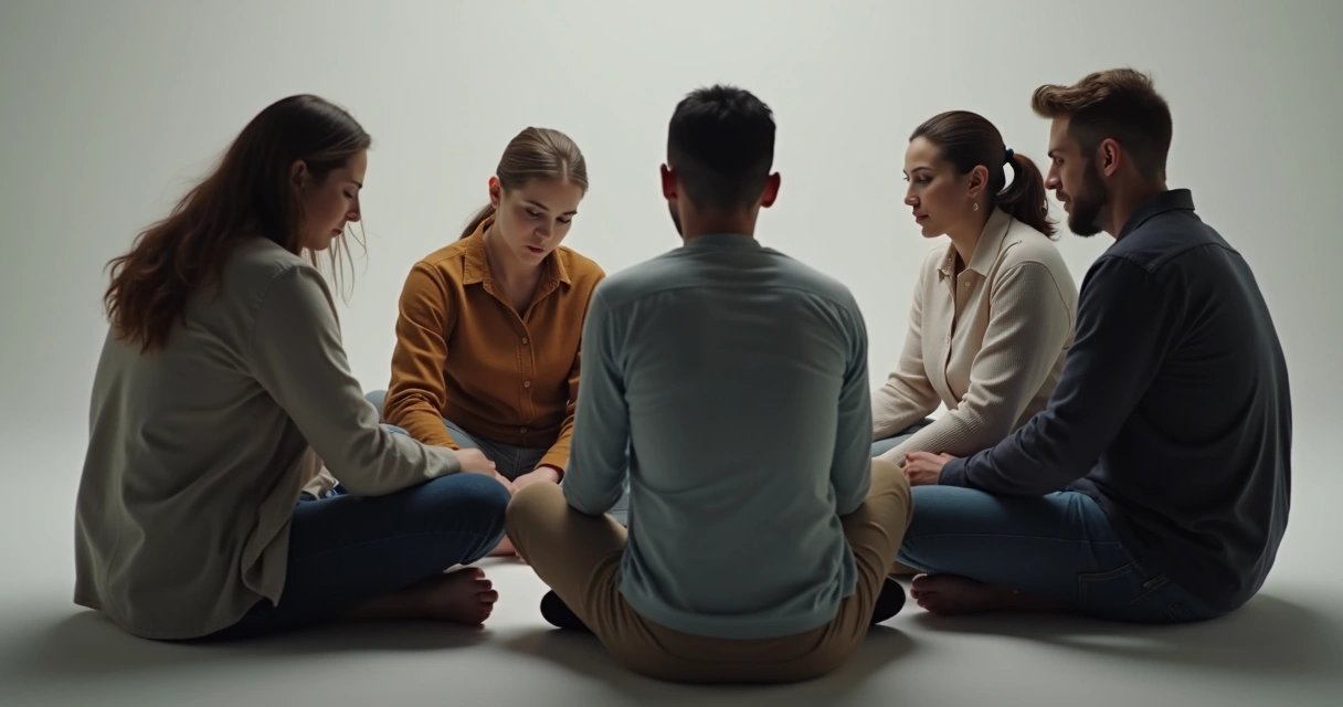 Grupo de personas sentadas en círculo mirando hacia abajo, reflejando desconexión y distancia relacional 