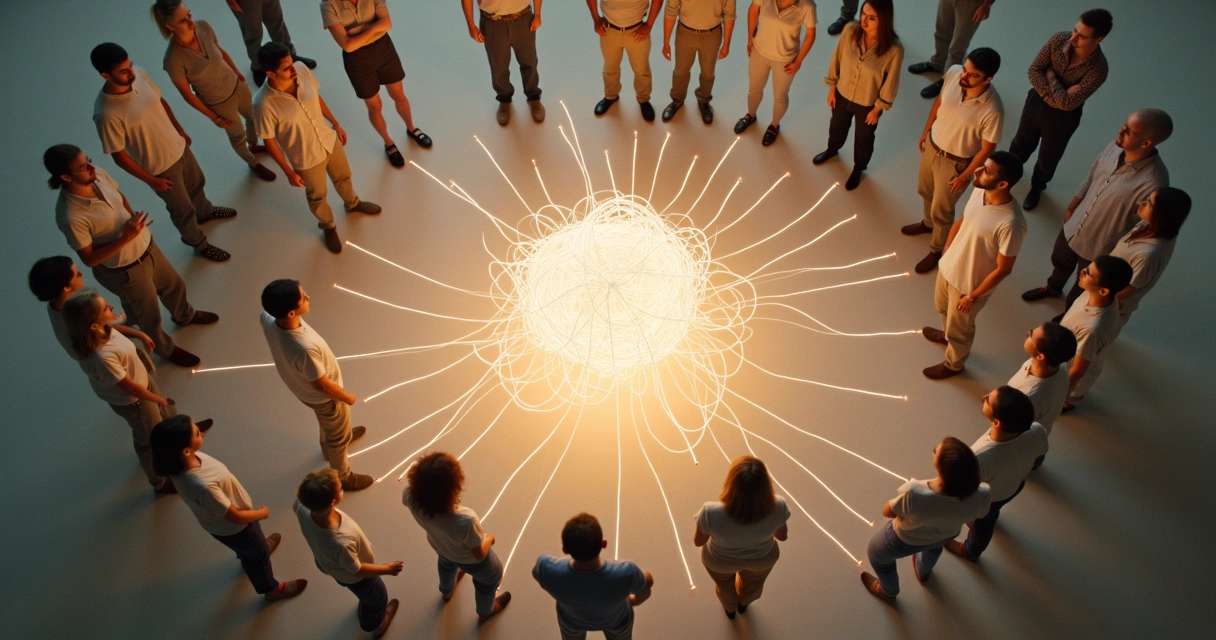 Personas conectadas por hilos entrelazados con un punto de bloqueo luminoso en el centro 