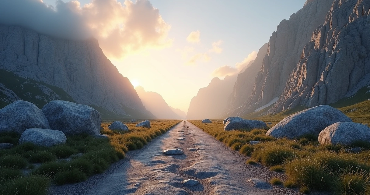 Camino despejado entre montañas al amanecer 