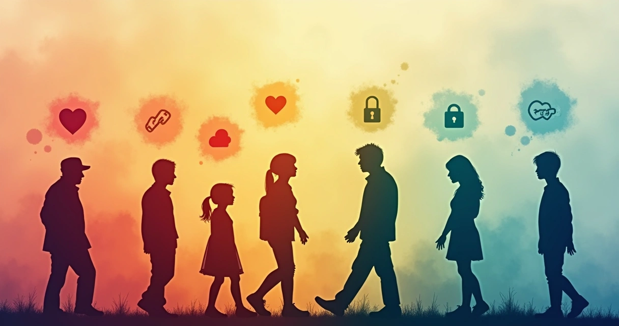 Colores y símbolos representando distintas generaciones y emociones. 