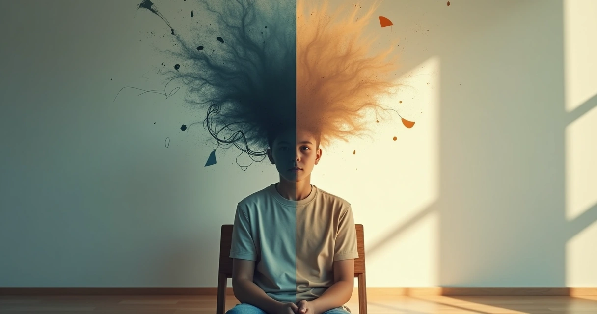 Persona reflexionando con silueta dividida entre confusión y claridad 