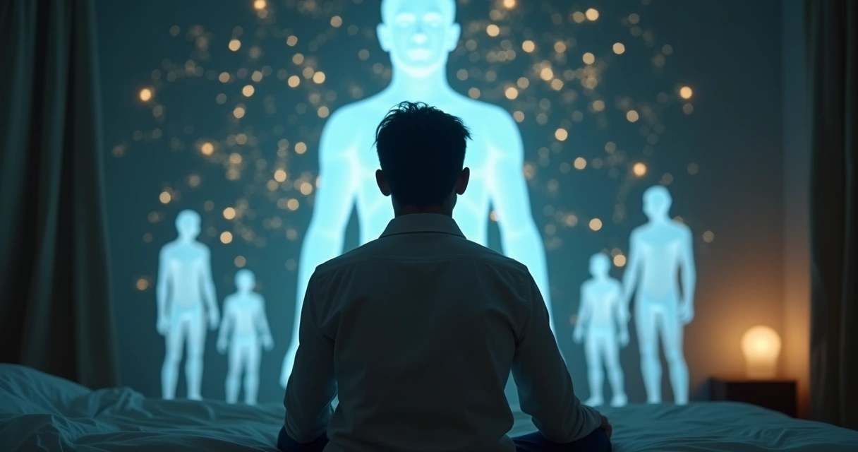 Persona observando siluetas internas conectadas por líneas de energía 