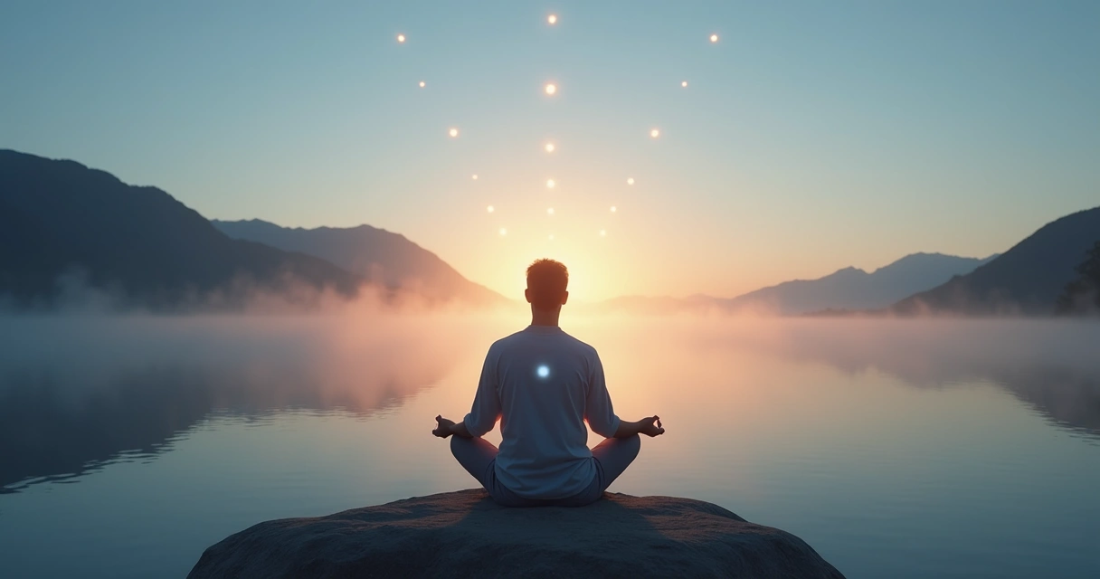 Figura sentada en silencio frente a un camino dividido en siete senderos de luz 