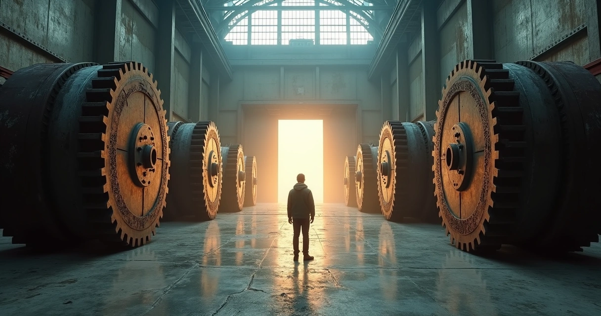 Persona observando engranajes gigantescas que bloquean un camino luminoso 