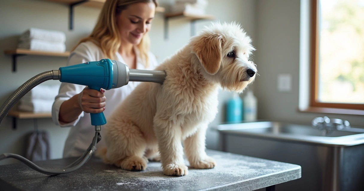 Groomer blow-drying and line brushing a fluffy dog 