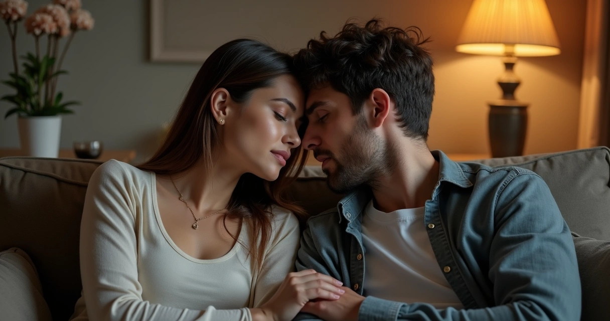 Man and woman sitting close, faces blended at the edges, hands touching, emotional tension between them 