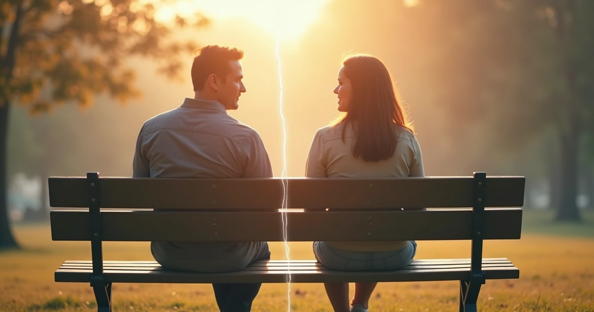 Two people sitting together with a blurred boundary line between them 