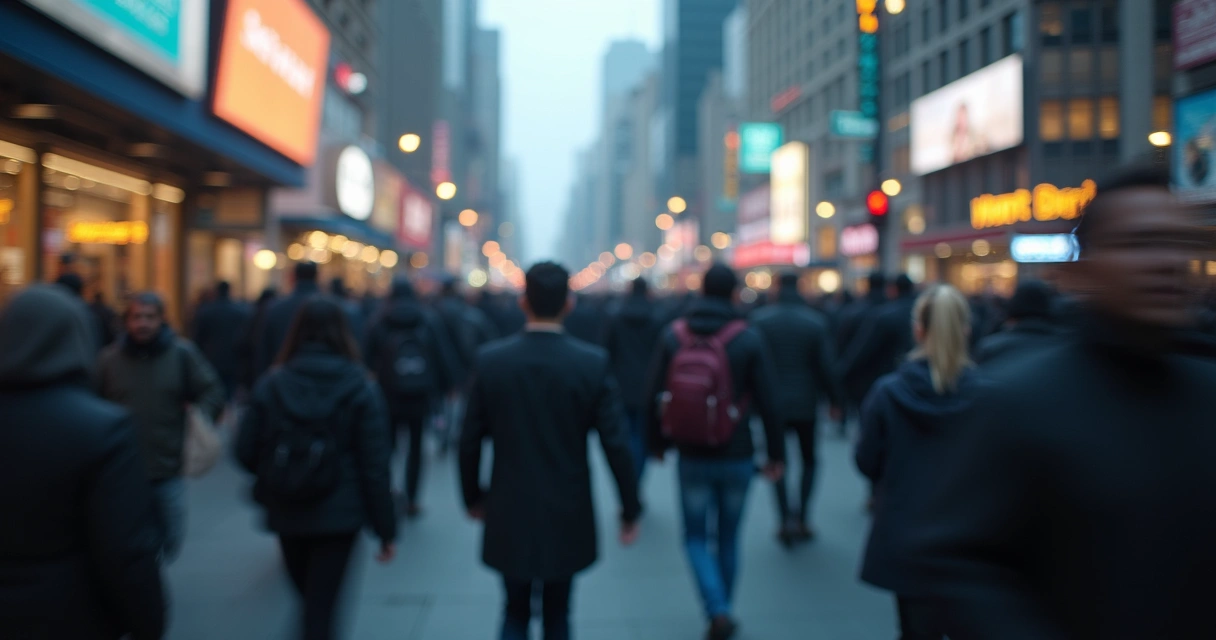 People walking in a city, faces blurred by motion 