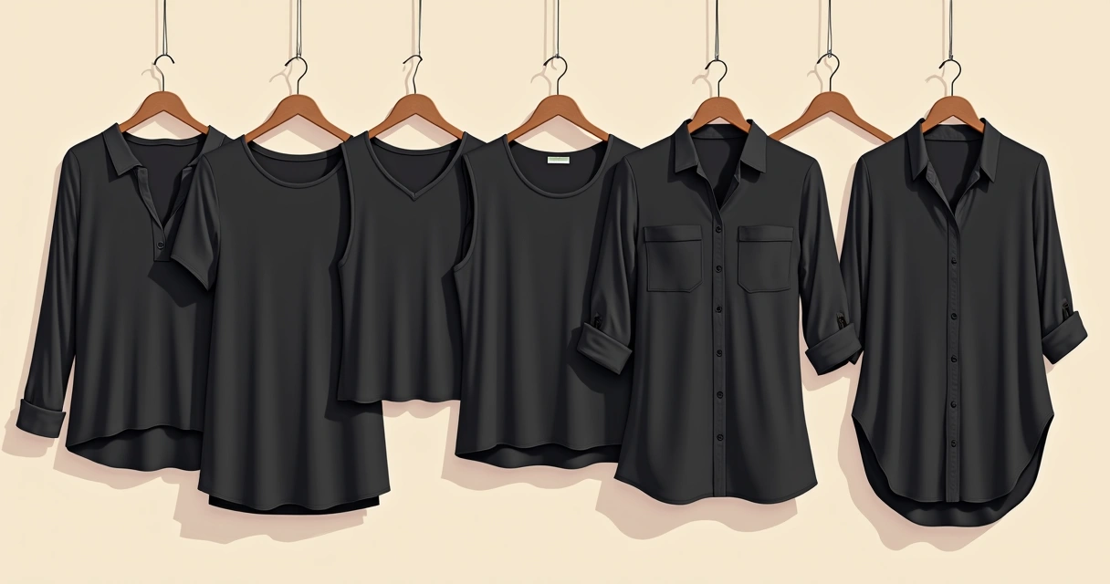 Diversos tipos de blusa preta feminina em diferentes cortes e golas