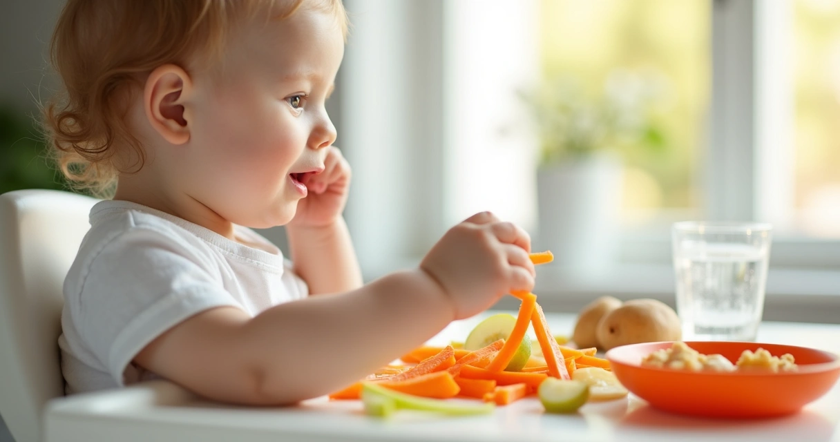 Bebê sentado pegando pedaços de legumes com as mãos
