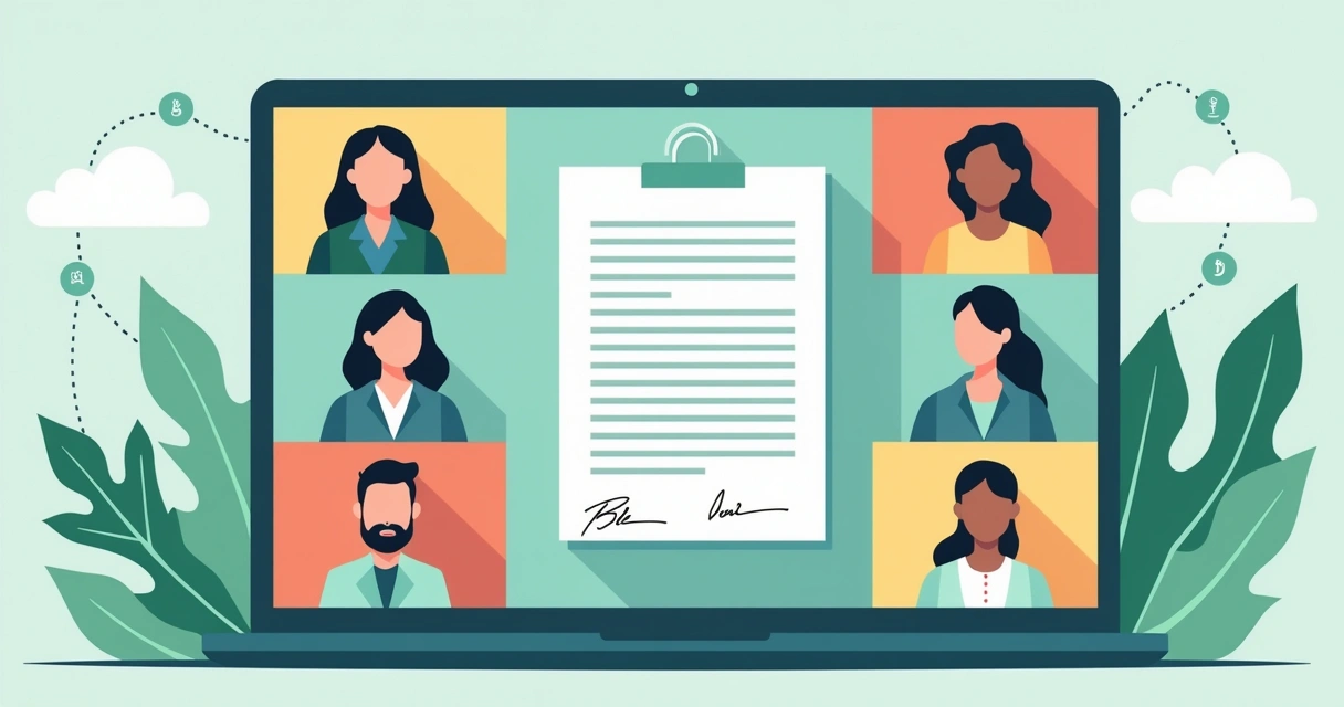 Flat illustration of a virtual NGO board meeting, diverse members reviewing and signing a document on screen, digital signature icons, secure network graphics behind. 