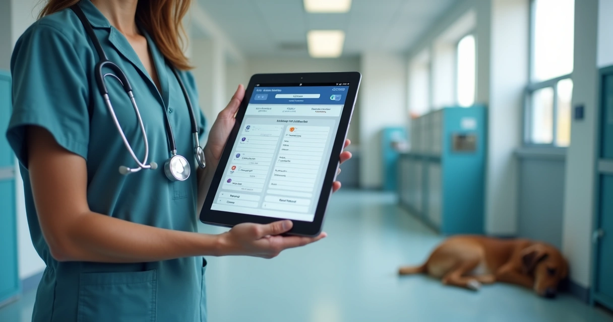 Tablet showing pet medication schedule in a boarding facility