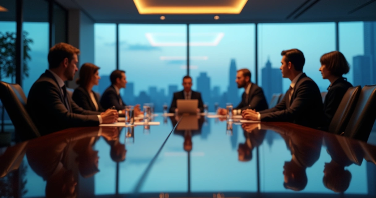 Boardroom table with reflections showing contrasting emotional faces 