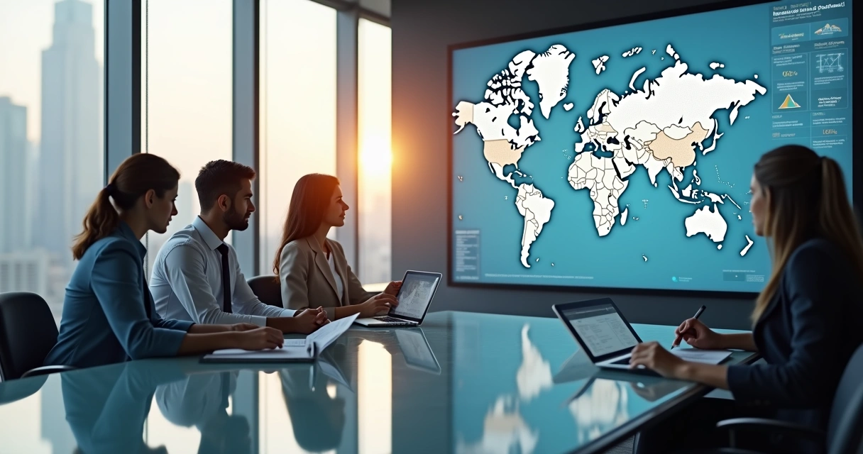 Reunião de gestores analisando trust internacional em sala de reuniões 