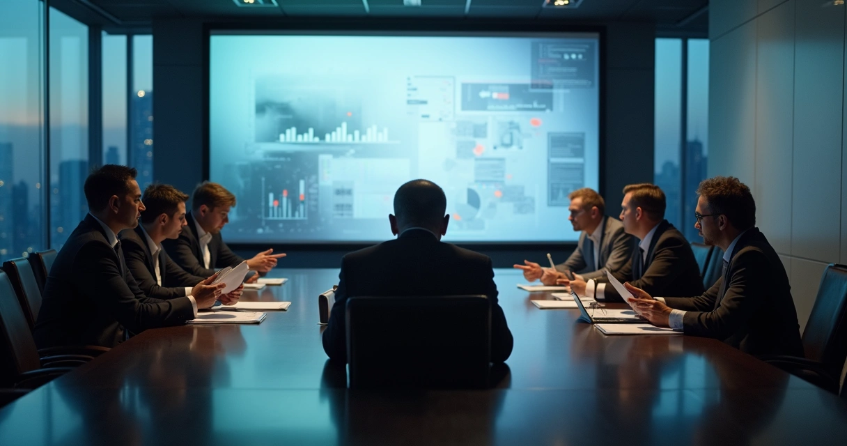 Executive boardroom with one person in shadow while others decide around a table 
