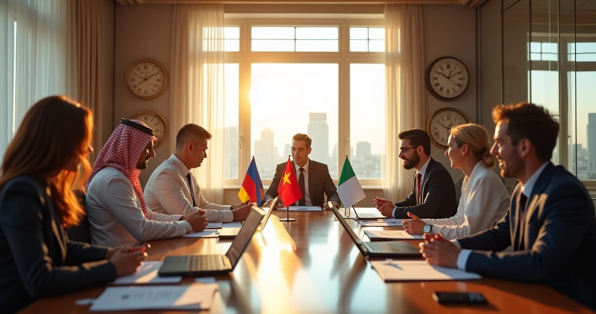 Boardroom with international businesspeople in formal attire 