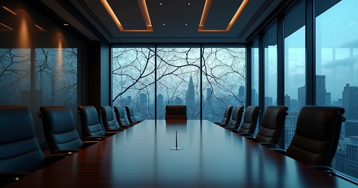 Long boardroom table reflected as organic pattern on glass wall 