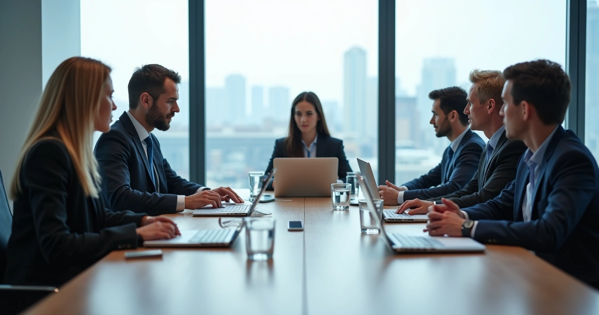Executives sitting quietly before a boardroom meeting begins 