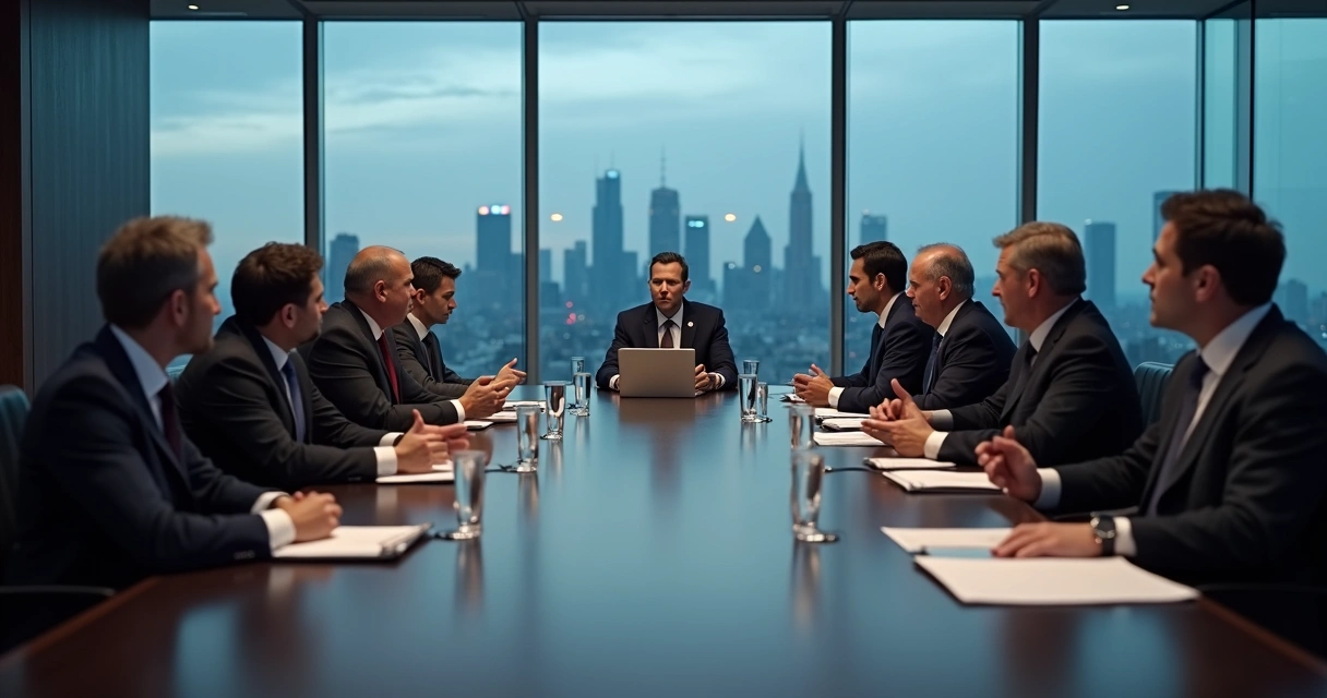 Executives seated around a boardroom table with one dominant leader and others silently observing 
