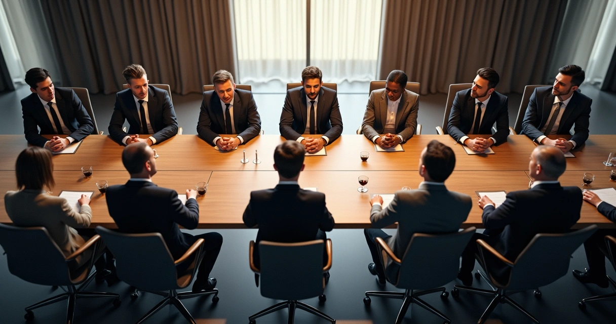 Top-down view of a boardroom table, people sitting around, some leaned in, others leaned back, communication lines drawn subtly between them