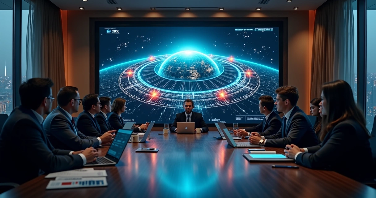 Board members viewing a glowing digital supply chain ring map 