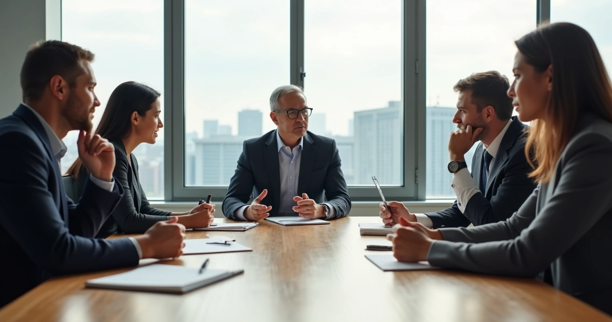 Team meeting in boardroom, people showing a range of neutral and thoughtful expressions 