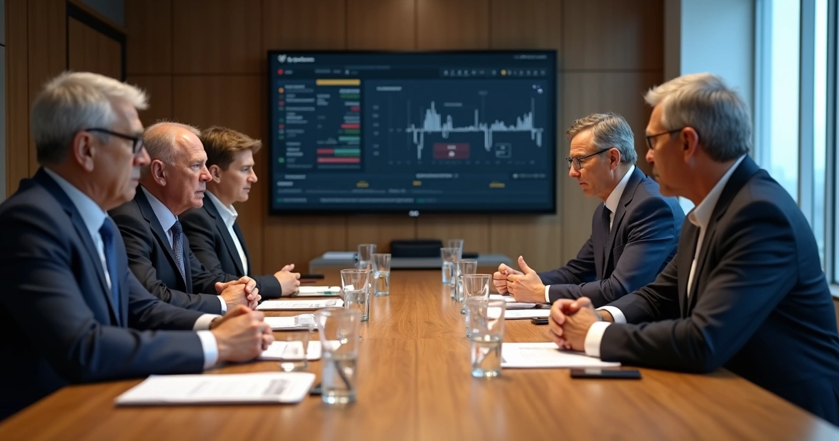 Board members in a tense meeting reviewing charts and notes