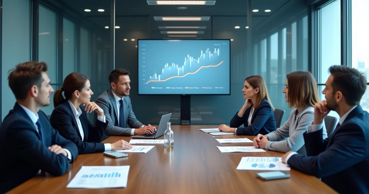 Board members in a glass meeting room reviewing reports and charts