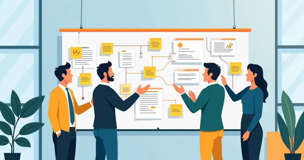 Equipe planejando boas práticas de automação em mural 